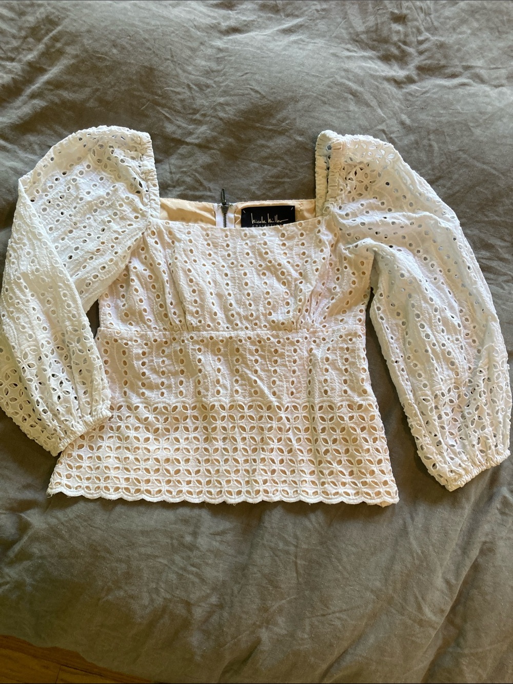 Nicole Miller White Eyelet Square-Neck Puff Sleeve Top